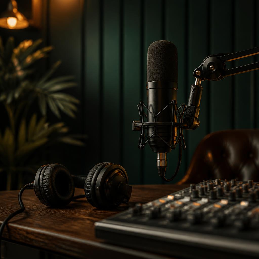 Studio microphone, headphones, and mixing console in a podcast recording space